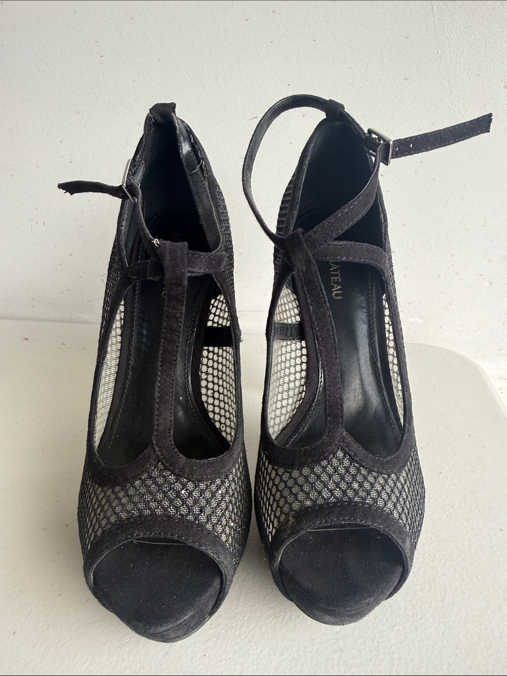 le chateau Black Mesh T-Strap Peep Toe Heels